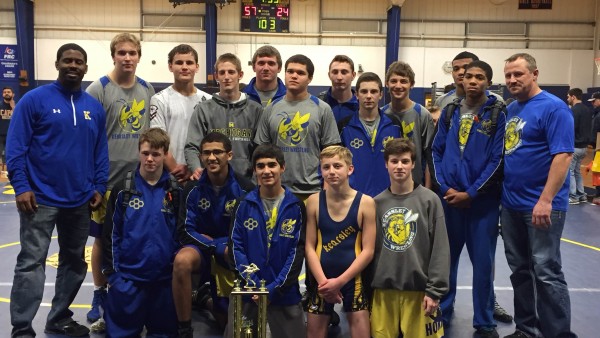Kearsleys wrestlers posing with the championship trophy from the Capac invitational on Dec. 13.