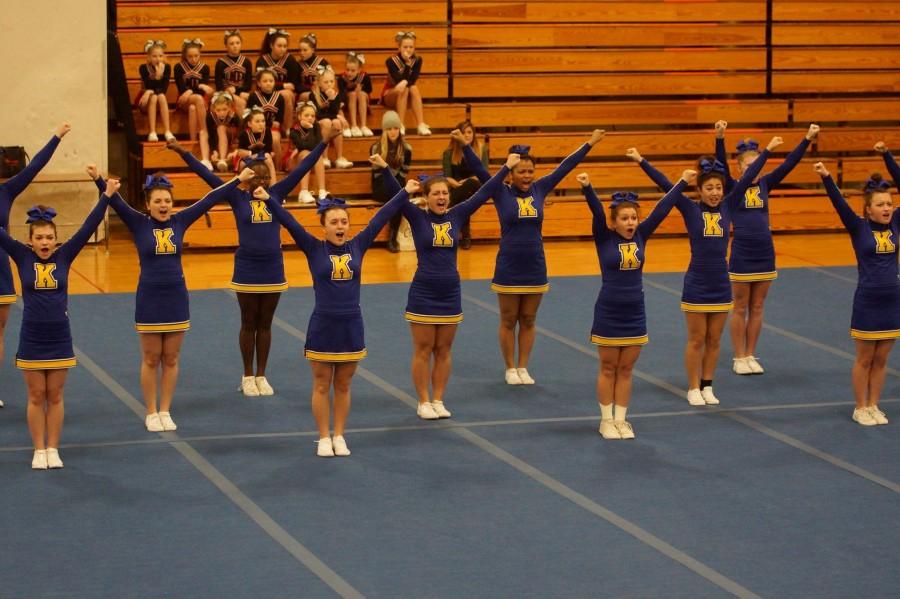 Kearsley cheerleaders getting ready to jump.