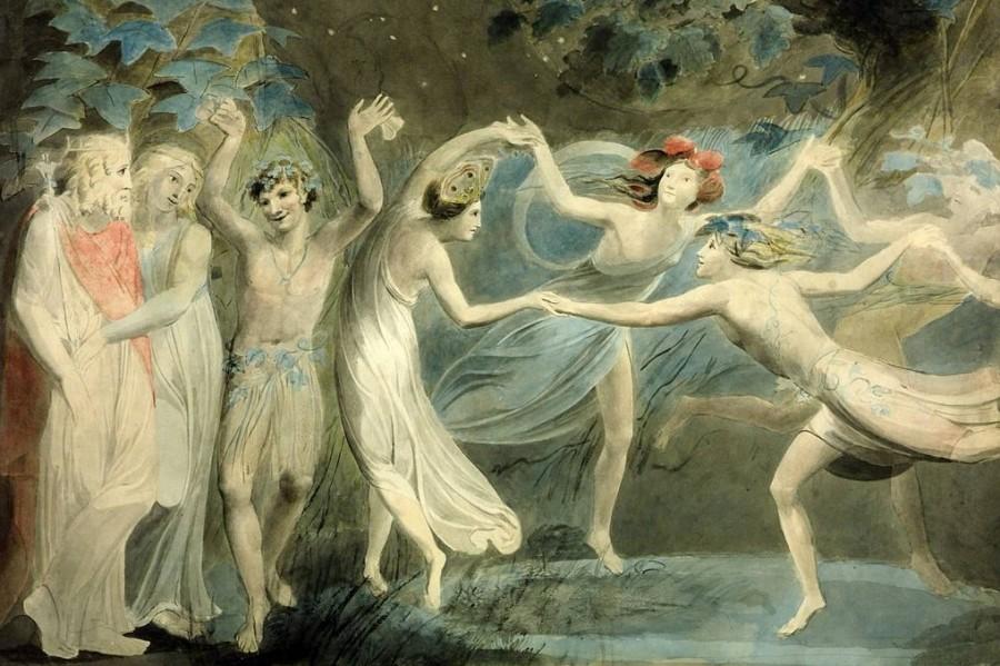 This 1786 painting is called Oberon, Titania and Puck with Fairies Dancing, which is a scene from "A Midsummer Night's Dream."