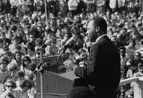 King speaking to an anti-Vietnam war rally at the University of Minnesota, St. Paul, on April 27, 1967.