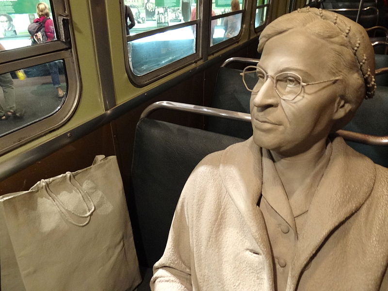 A diorama of Mrs. Rosa Parks sitting in her bus seat in the National Civil Rights Museum. 