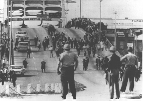 Law enforcement officers await demonstrators at the Edmund Pettus Bridge in March 1965.