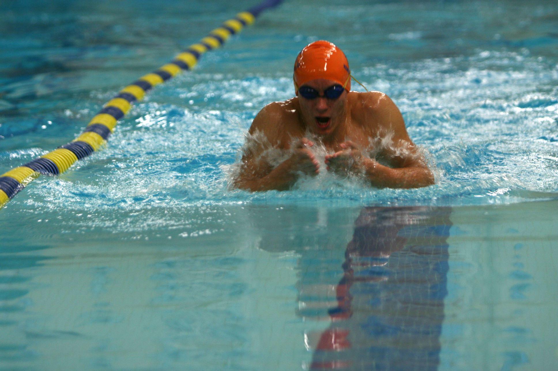 Freshman Noel Nowacki swims the 100 breaststroke. Nowacki placed third in