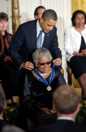 President Barack Obama awards the 2010 Presidential Medal of Freedom to Dr. Maya Angelou in a ceremony in the East Room of the White House February 15, 2011.