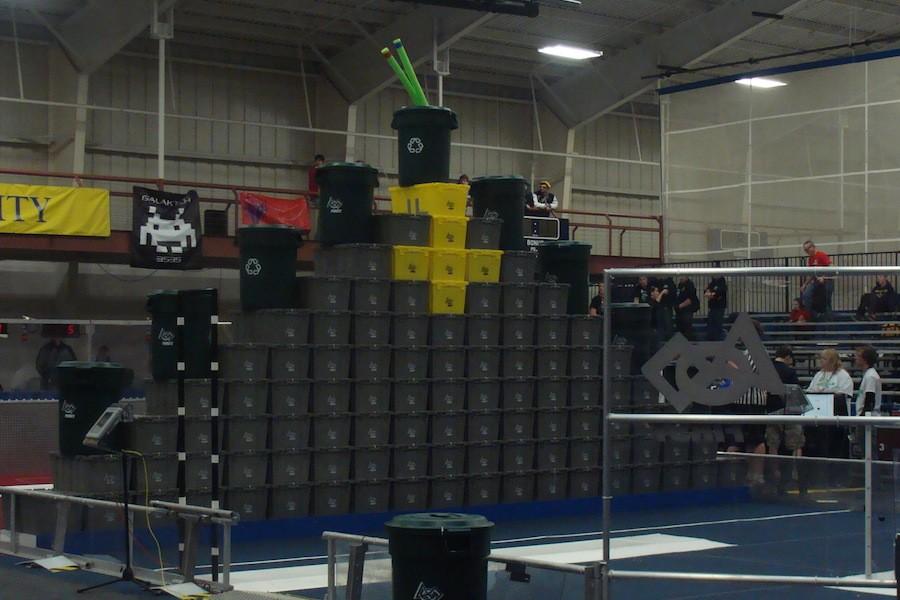 The game pieces from this years first robotics competition at Kettering University are stacked on the field.  The field crew artistically placed all the pieces March 6 for the next days competition.