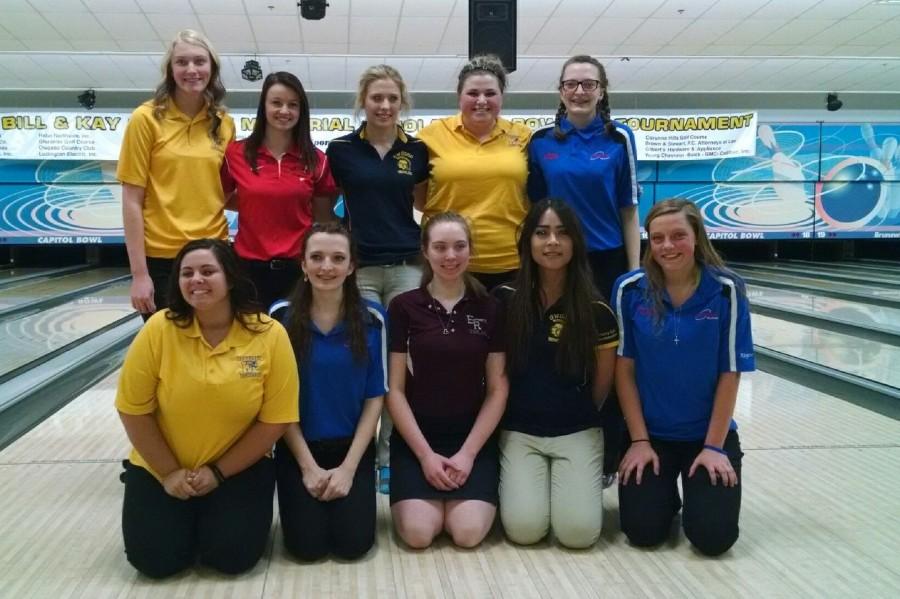 The bowlers who participated in the state individual bowling regional gather for a photo. Juniors Hannah Ploof and Alexxa Flood and senior Dani Doolan qualified for the individual state final.