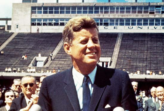 Kennedy speaking at Rice University on Sept. 12, 1962.