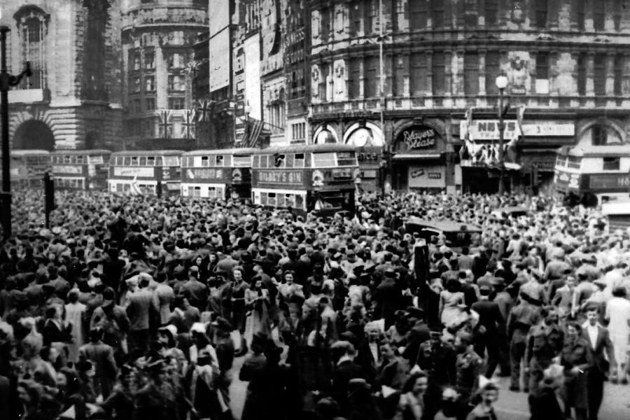 Piccadilly Square, London, pictured as supporters celebrate VE Day, May 8, 1945.