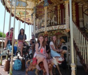 We spin around on the carousel in San Sebastian. 