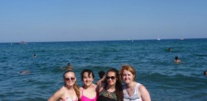 Alexis (left), Elisa, Jordan, and I (right) squint against the sun as we enjoy our last day in Spain. 