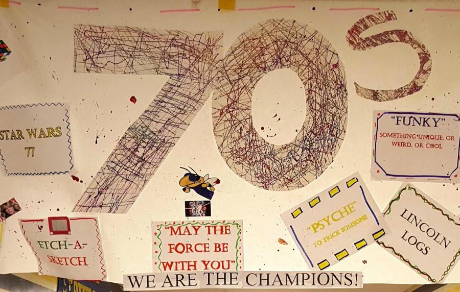 The freshmens banner hangs in the 200 hallway, displaying sayings from popular items in the 1970s.