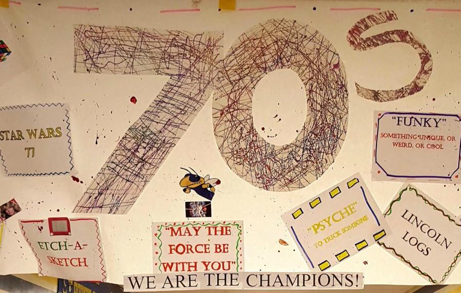 The freshmen's banner hangs in the 200 hallway, displaying sayings from popular items in the 1970s.