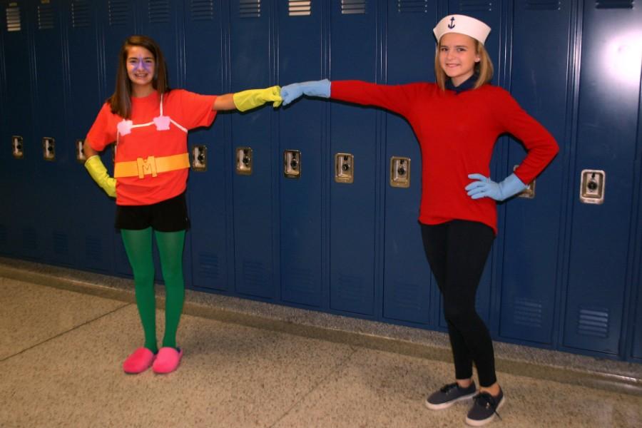 Freshmen Emma Bishoff (left) and Mallory Simms dress as Mermaid Man and Barnacle Boy from Spongebob Squarepants.