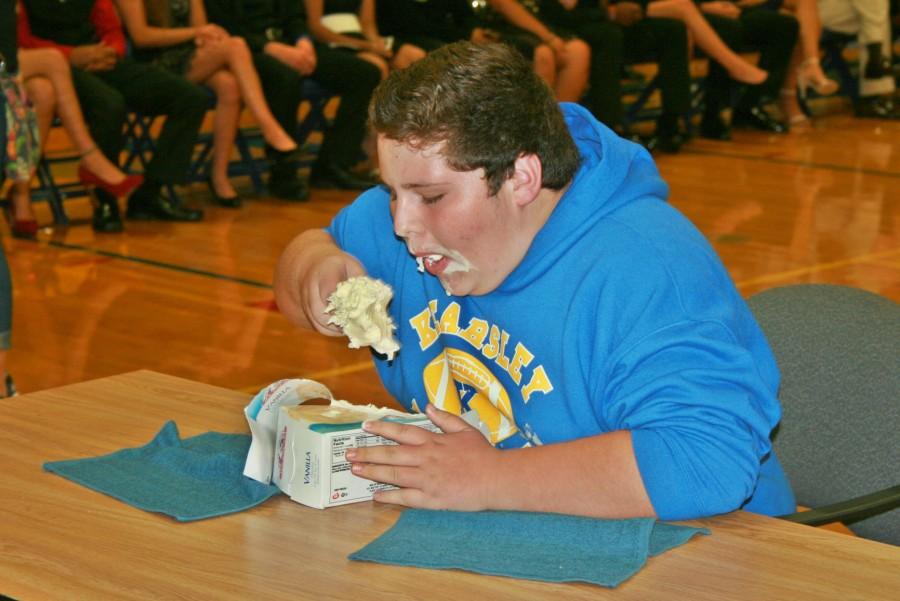 Chase Gebhardt, sophomore, chows down in the ice cream eating contest.