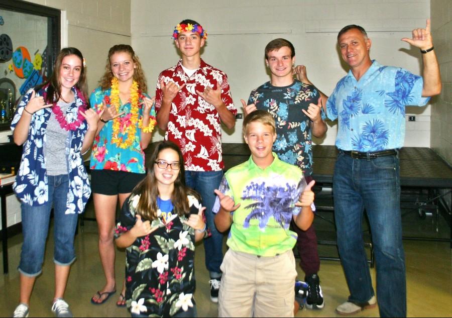 Mr. John Hall's public speaking class shows off their school spirit by wearing Hawaiian gear. 
