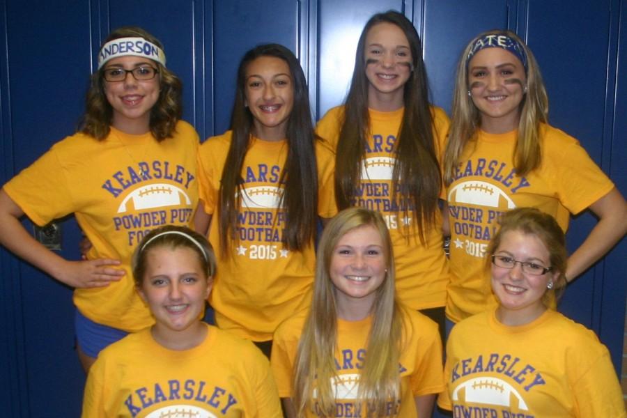 Sophomores (back left) Hailey Anderson, Marysa Gatica, Katie Lewis, Kaitlyn VanOoteghem, (front left) Emily Rose, Madison Jordan, and Karinna Glandon anticipate the powder puff game against the seniors.