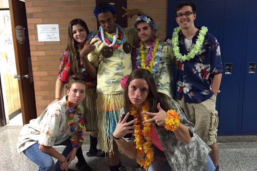 Seniors wear the Hawaiian look well. They are Michaella Ford (back left), Tyler Frasher, Brennen Colley, Gabe Carnes. Lindsay Nofs (front left), and Miranda Lumetta  