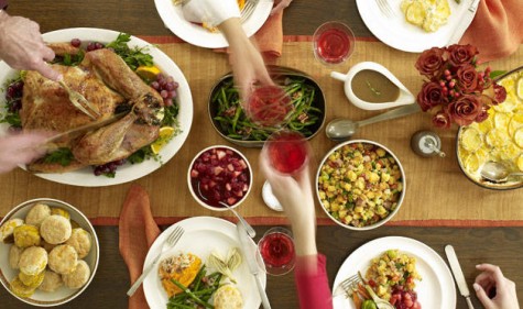 Modern Thanksgiving consists of a feast of turkey, stuffing, cranberries, green beans, and other things.