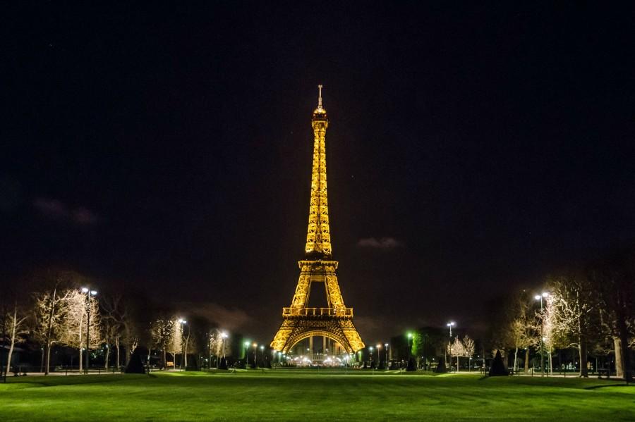 The Eiffel Tower at night.