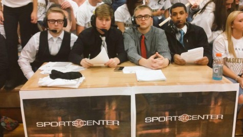 Jacob Lucius, Alex Driskill, Mitchell Judd and Tony Mascarro posed as commentators for one of their last games as seniors.