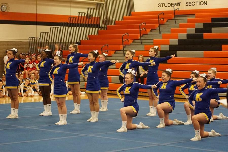 The cheer team hits a motion during round one at Flushing on Saturday, Jan 9. 