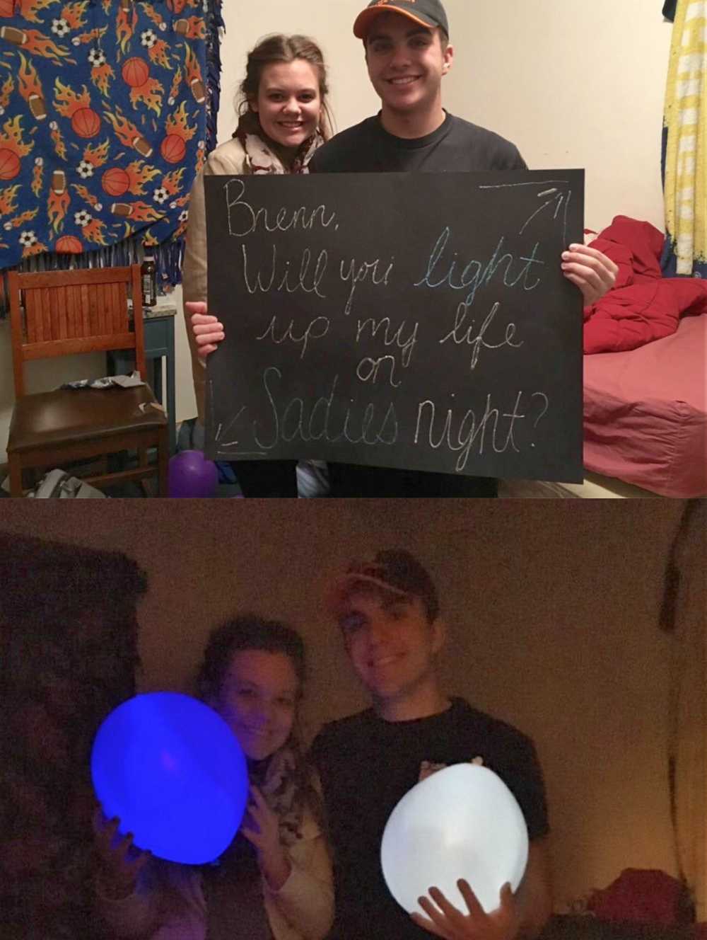Claire Zuwala, senior, asked senior Brennen Colley to the dance with a poster and glow-in-the-dark balloons.  