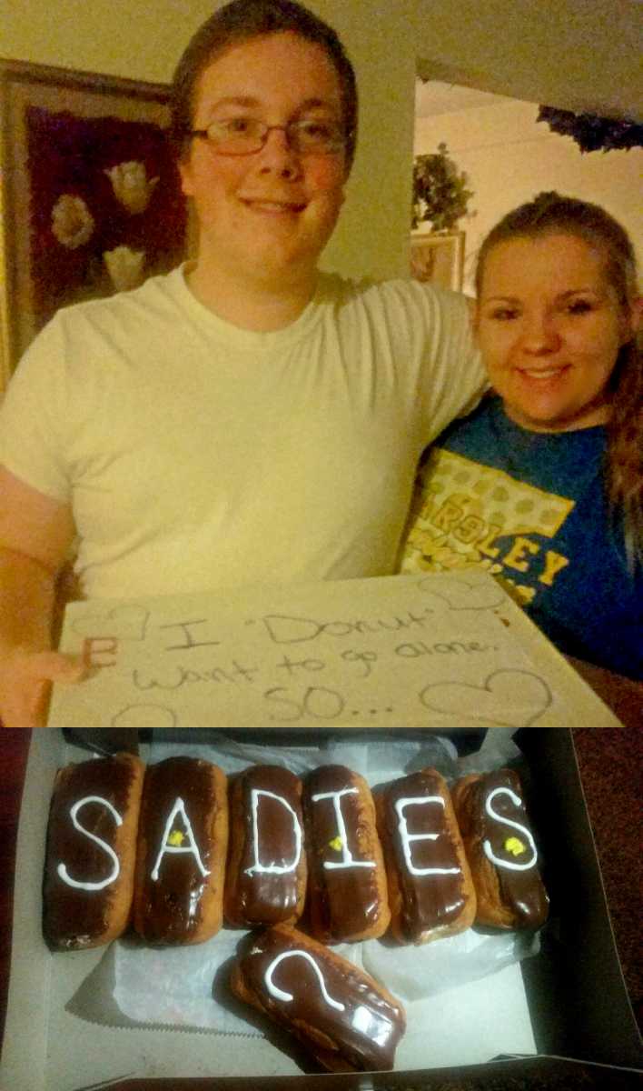 Seniors Makenzie Schroeder and Jacob DePottey pose with the donuts Schroeder used to ask DePottey to the Sadie Hawkins dance. 