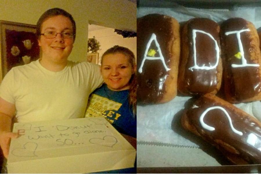 Seniors Makenzie Schroeder and Jacob DePottey pose with the donuts Schroeder used to ask DePottey to the Sadie Hawkins dance.