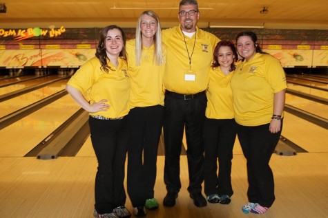 The state finalists stand with their coach: Barbara Hawes (left), sophomore; Hannah Ploof, senior; Rob Ploof, coach; Karlee Griffin, sophomore; and Alexxa Flood, senior.