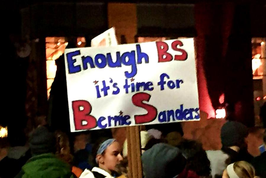 A Bernie Sanders fan shows his support for the candidate.