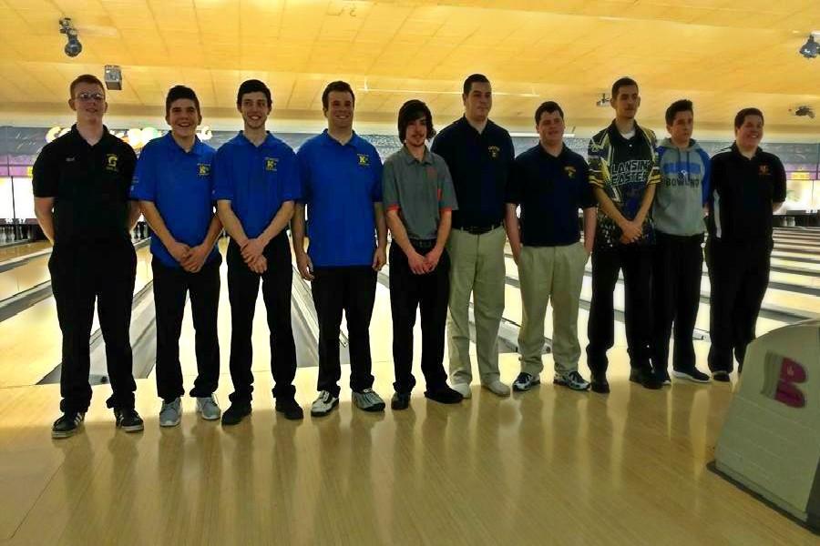The qualifiers from the MHSAA Division 2 individual regional stand proud in front of the lanes. Kearsleys qualifiers are (second from left to right) junior Bryce McKerchie, senior Chad Stephen, and senior Phil Hawes.