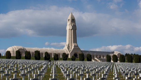 The Douaumont Ossuary overlooking the graves of French soldiers who were killed during the Battle of Verdun, 1916.
