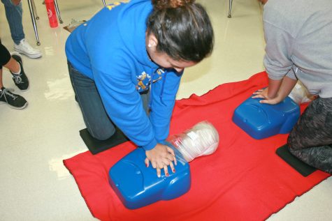 Senior Bri Finley practices chest compressions on a CPR mannequin. 