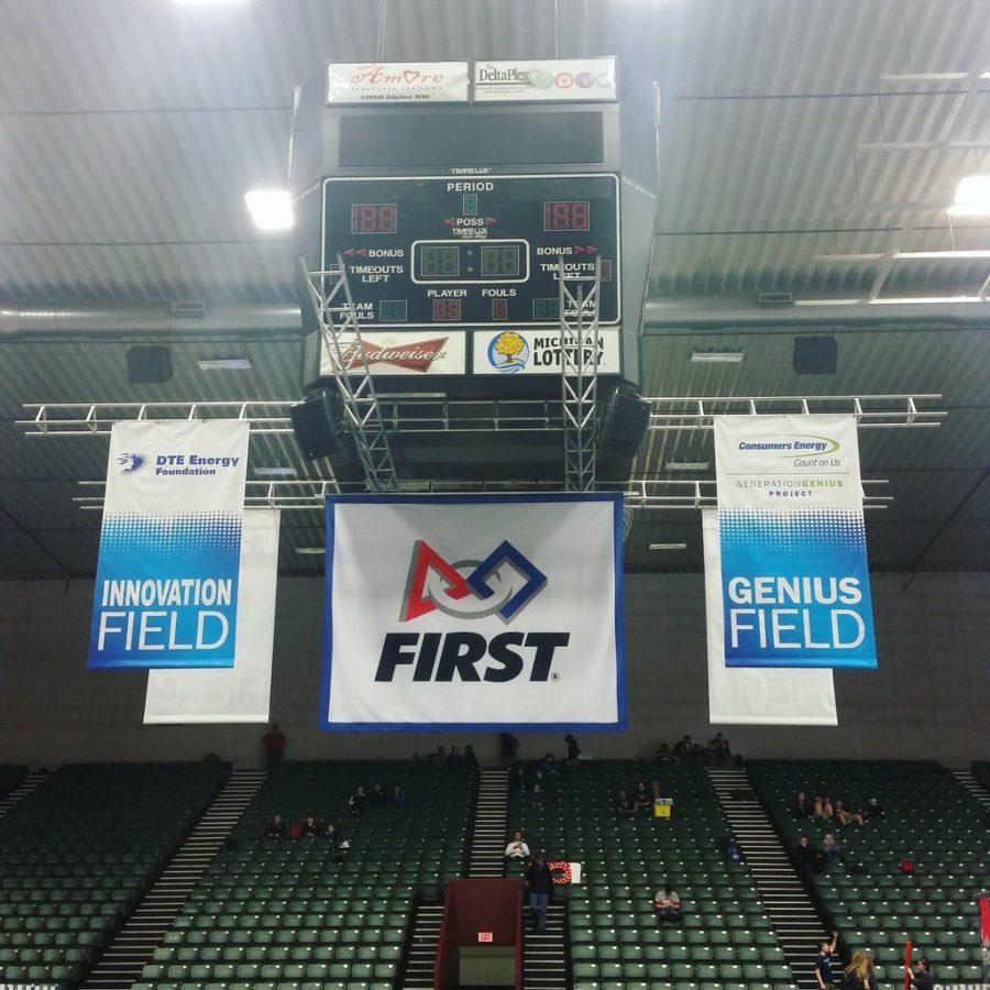 Banners hang at the Deltaplex in Grand Rapids for the 2016 Michigan FIRST state championship.