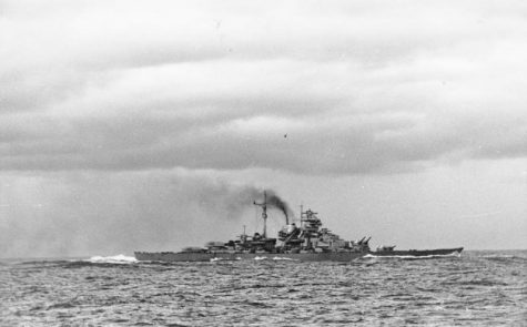 Bismarck after the Battle of the Denmark Straits, taken from Prinz Eugen. Courtesy of the Bundesarchiv.
