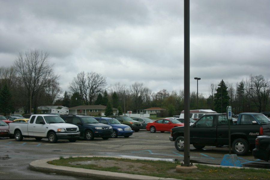 The student parking lot on Monday, May 2, which seniors call their skip day has fewer cars than on Friday.