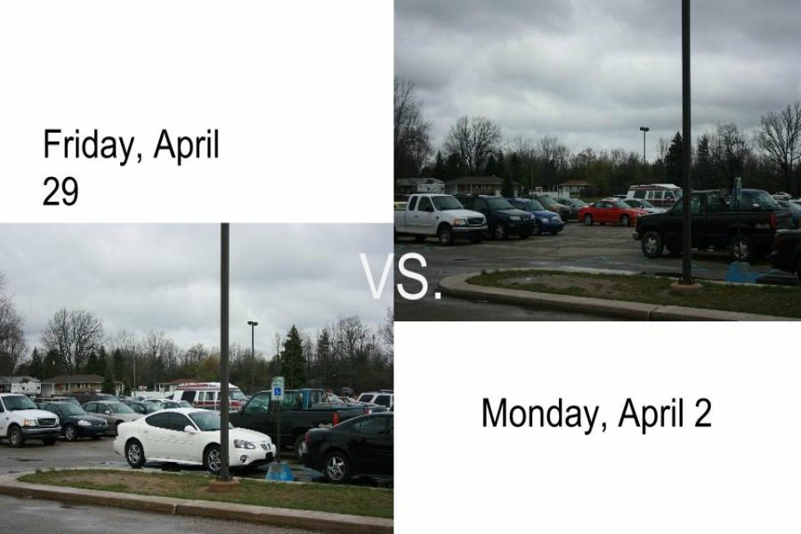There are far less cars in the parking lot on Friday, April 29 than Monday, May 2.