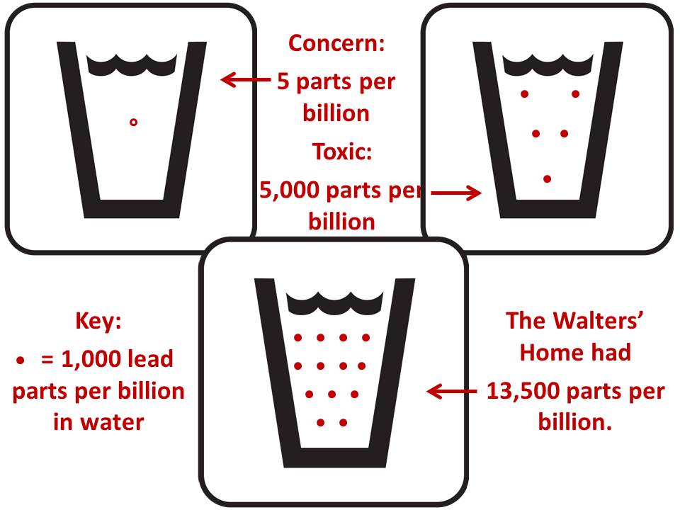 Mrs. LeeAnne Walters' home tested for 13,500 parts per billion for lead. The EPA recommends concern at only 5 ppb. Water is considered to be toxic at 5,000 ppb.