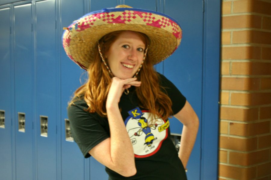 Ms. Caitlin Hudgins shows off her sombrero as a tourist from Mexico for Tourist Thursday.