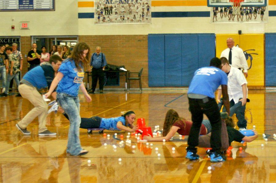 Students compete during the pep assembly Monday, Oct. 3, in hungry hippos.