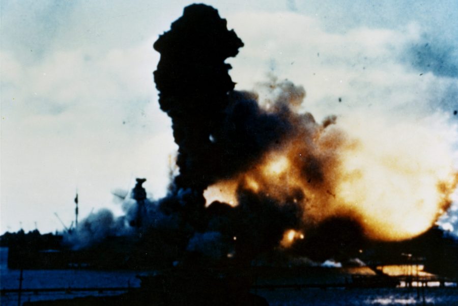 The forward magazines of the battleship USS Arizona explode during the Japanese attack on Pearl Harbor, Dec. 7, 1941.