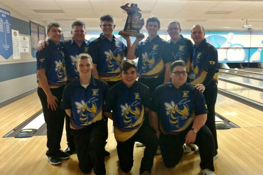 The boys bowling team celebrates its fourth regional title in a row on Friday, Feb. 24, and will advance to MHSAA Division 2 state final on Friday, March 3.