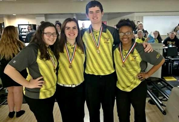 Kearsleys All-State bowlers  share a moment together after receiving their medals at the MHSAA Division 2 singles state final in Canton on Saturday, March 4. The bowlers are sophomore Alexis Roof (l to r), junior Barbara Hawes, senior Aaron Linn, and freshman Imari Blond. 
