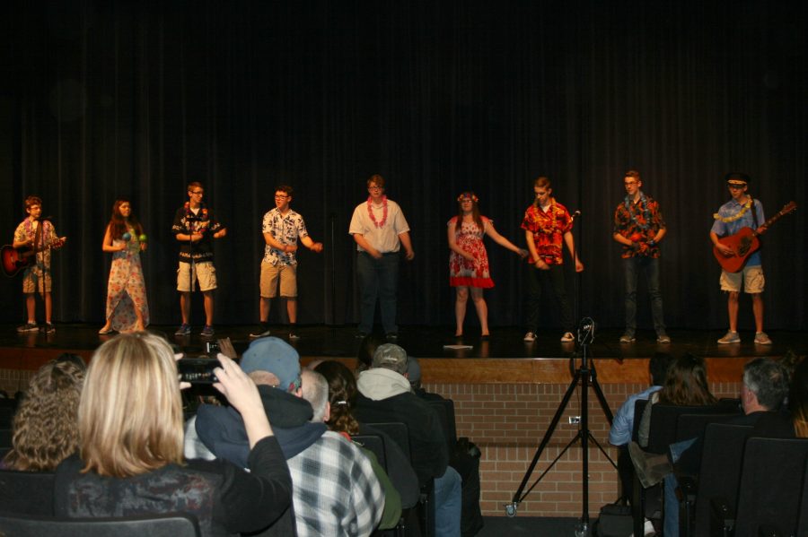 A group of 10 Spanish students perform on stage during Foreign Language Variety Night on Thursday, March 16, in the auditorium.