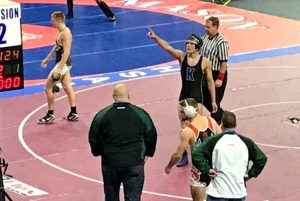 Senior Dylan Tarrence celebrates his quarterfinal victory over Blake Ross from Muskegon Reeths-Puffer at 160 pounds on Friday, March 3. During the next day of the MHSAA Division 2 individual state final, Tarrence finished as runner-up, earning All-State honors.