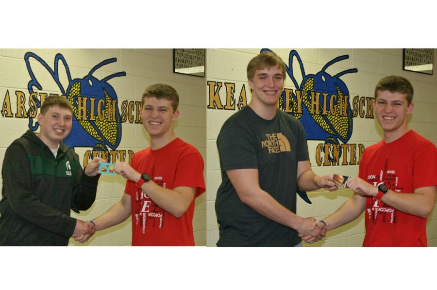 Senior Kameron Verdier (left, left photo ) won The Eclipse March Madness Challenge and a $10 gift card, which is presented to him by The Eclipse editor in chief Ryan Thomas. Senior Marcus Moss (left, right photo) receives his $5 gift card from being the runner-up.