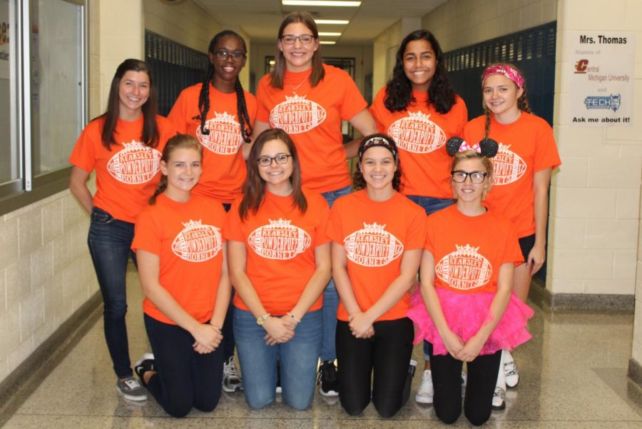 Junior girls show off their powder puff gear. (Front, l to r) Lindsay Flinn, Nadia Calvert, Claudia Moore, Mickeely Dias, and Makenzie Boillat. (Back, l to r) Mallory Simms, Stephanie Lane, Maddie Raysin, and Maddy Burroughs.