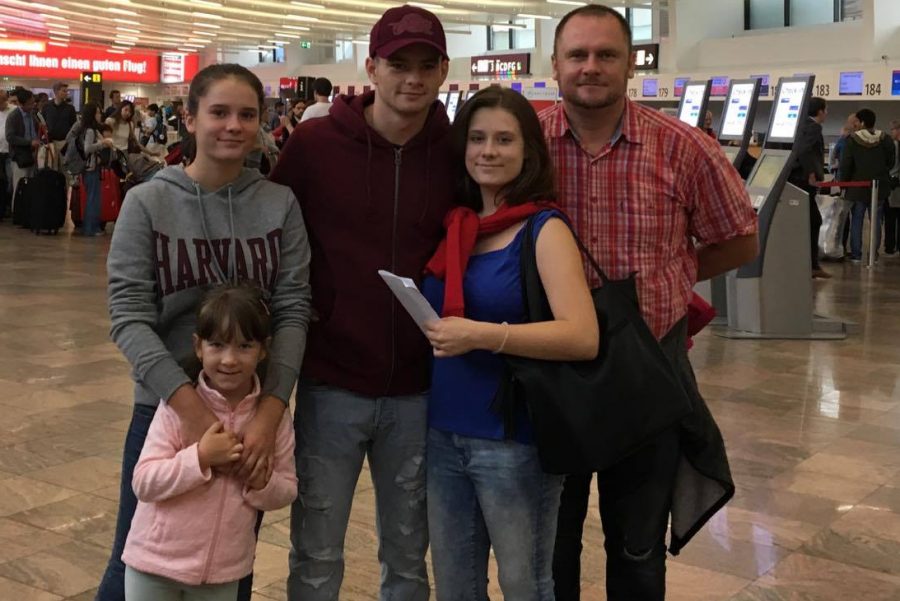 Senior Lucy Pompurová (second from the right) says goodbye to her family as she departs from the airport in Slovakia to come to the United States.