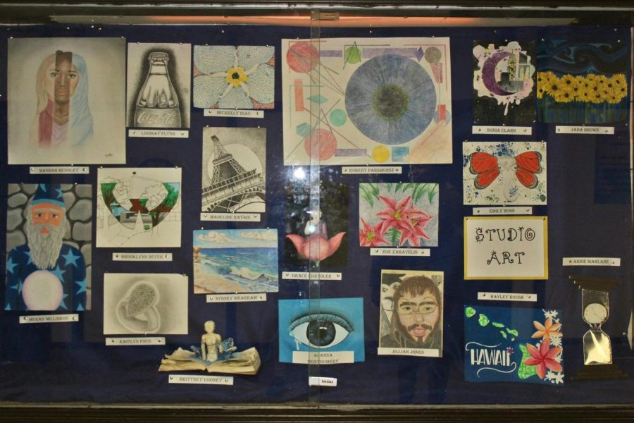 Artwork by students is shown off in the showcase. The showcase across from the main office toward the 400 hallway.