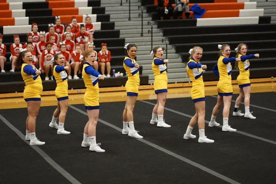 The+cheer+team+performs+at+the+first+league+jamboree+of+the+season+at+Fenton.+The+Hornets+placed+third+at+the+Jan.+10+competition.+